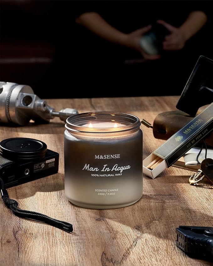 M&SENSE Citrus Vetiver Men Candles - Scented Soy Wax, 2 Wick, 11.6oz, 70 Hour Burn, Black, Organic, Masculine, Holiday Candle