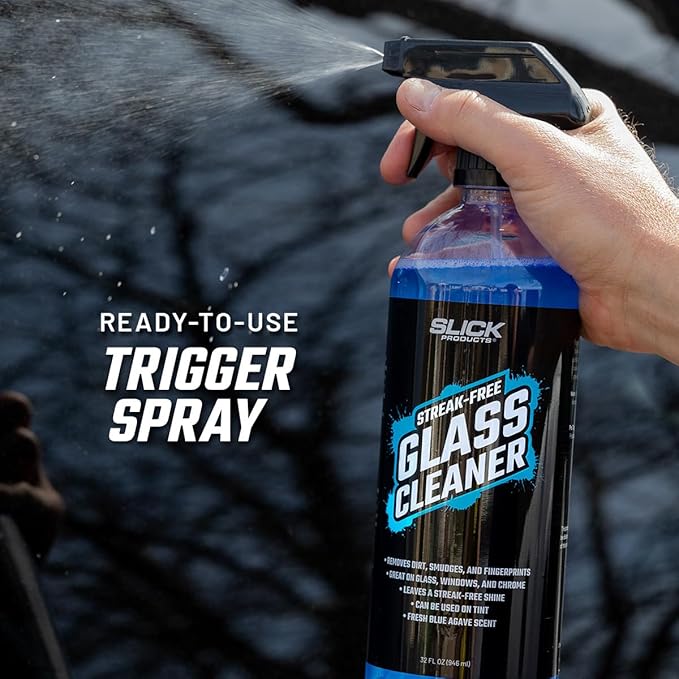 Slick Products Streak-Free Glass Cleaner – Ammonia-Free Window, Mirror, Chrome & Tint Cleaner – Removes Dirt, Smudges & Fingerprints – Ready-to-Use – 32 oz.