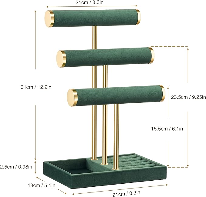 bussdis 3 Tier Bracelet Holder Display - Detachable T Bar Dark Green Velvet Bracelet Holder, Jewelry Holder Organizer for Bracelet, Necklace, Watches, Rings