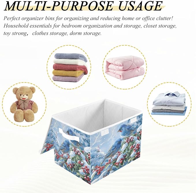 senya Winter Baskets Collapsible Storage Bins with Lids, Blue Bird Evergreen Branch Storage Boxes Clothes Baskets for Organizing