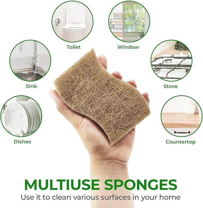 AIRNEX Biodegradable Natural Kitchen Sponge - Compostable Cellulose and Coconut Walnut Scrubber Sponge (24 Pack)