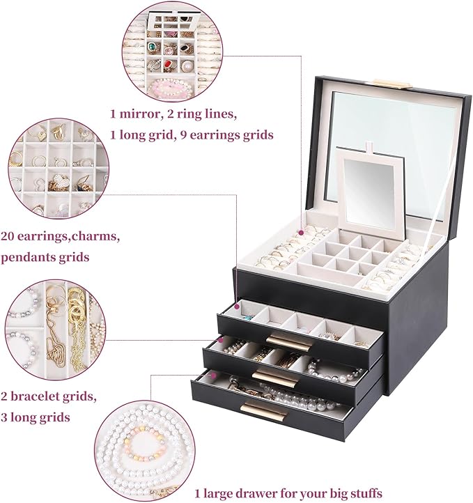 BOOVO Clear Lid Jewelry Box,4 Layers Jewelry Organizer Large Jewelry Storage Box with 3 Drawers,Jewelry Holder Organzier of Rings Earrings Necklace Bracelets for Women (Black, 4 Layer)