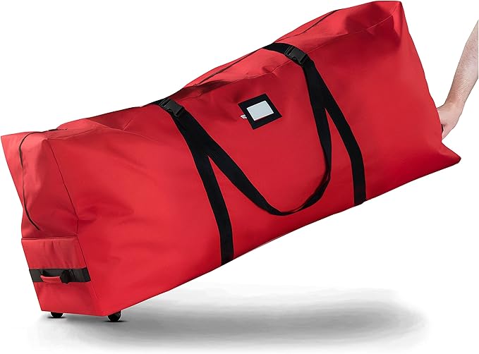 ZOBER 600D Oxford Fabric Rolling Christmas Tree Storage Bag - Fits 7.5 Ft Artificial Trees - Waterproof Christmas Tree Bag For Storage Box For Xmas, Durable Handles and Wheels - Card Slot - Red