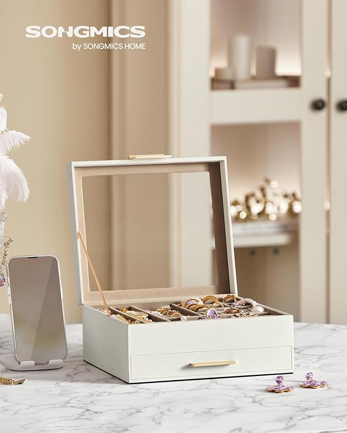SONGMICS Jewelry Box Organizer with Glass Lid, 2-Layer Jewelry Storage, with 1 Drawer, Modern Style, 8 x 9.1 x 4.1 Inches, Cloud White and Gold Color UJBC174W01