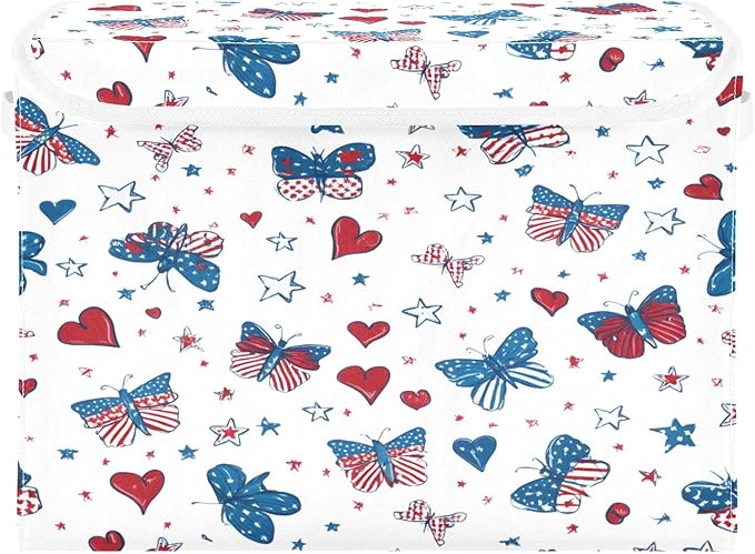 Bolaz Storage Bins with Lids and Handles,Butterfly Flag Stars Pattern Storage Box Basket with Cover Collapsible Organizer Containers for Home Closet, Shelves