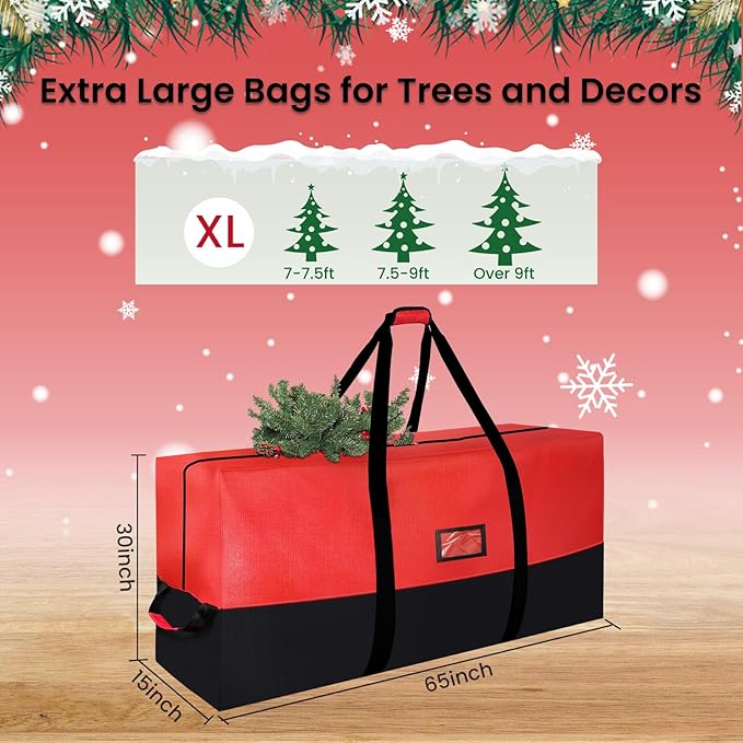 Heavy Duty Christmas Tree Storage Bag for Trees Up to 9ft – Waterproof, 600D Durable Zipper & Handles, Holiday Storage Solution (Black&Red)