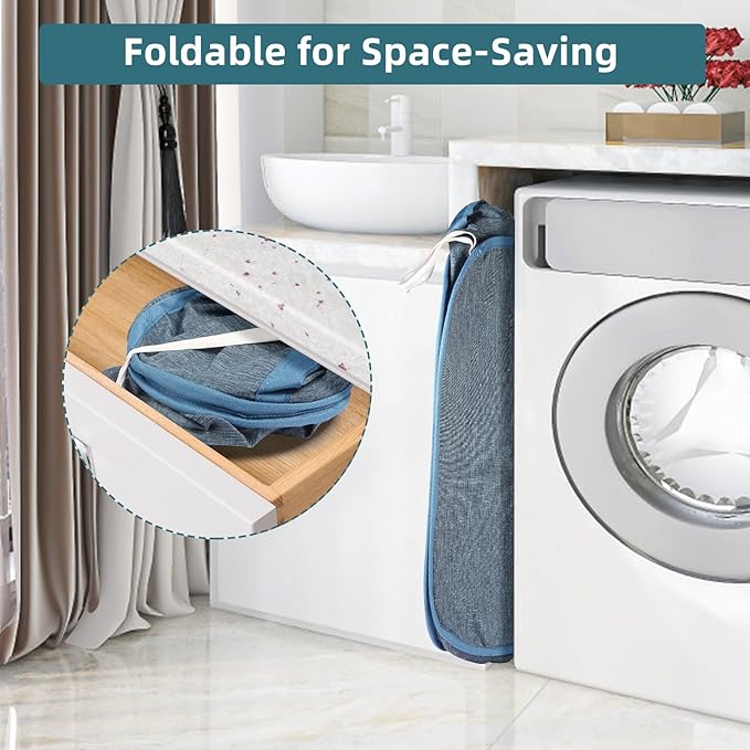 Collapsible Laundry Baskets, Tear Proof Pop Up Laundry Hamper with Dual Handles, Durable Foldable Laundry Basket, Easy to Carry Laundry Hamper for Home, Laundry Room, Bedroom, Dorm, Travel Blue