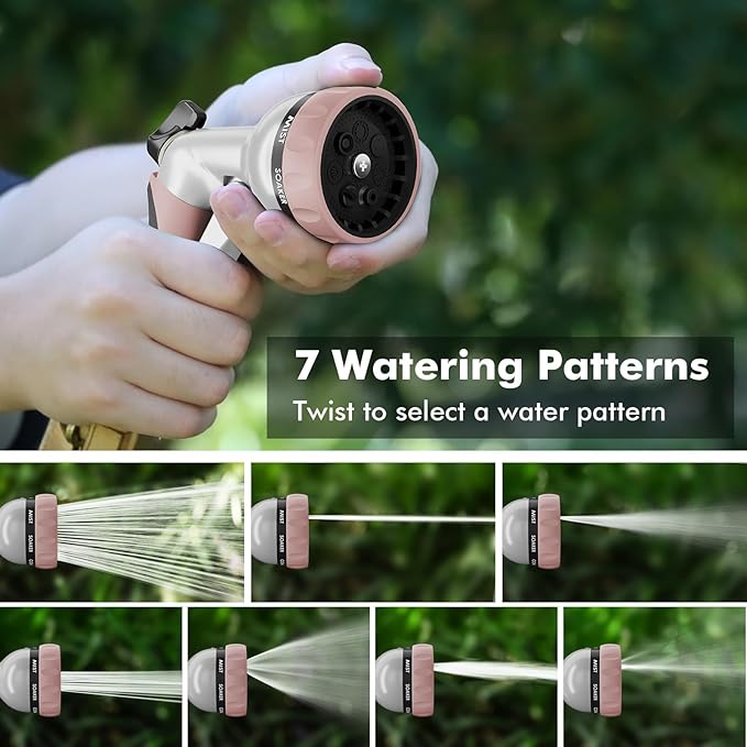 RESTMO Garden Hose Nozzle, Heavy Duty Metal Water Nozzle with 7 Adjustable Spray Patterns, High Pressure Hand Sprayer with Flow Control, for Watering Plants & Lawns, Washing Cars & Pets, Rose Gold