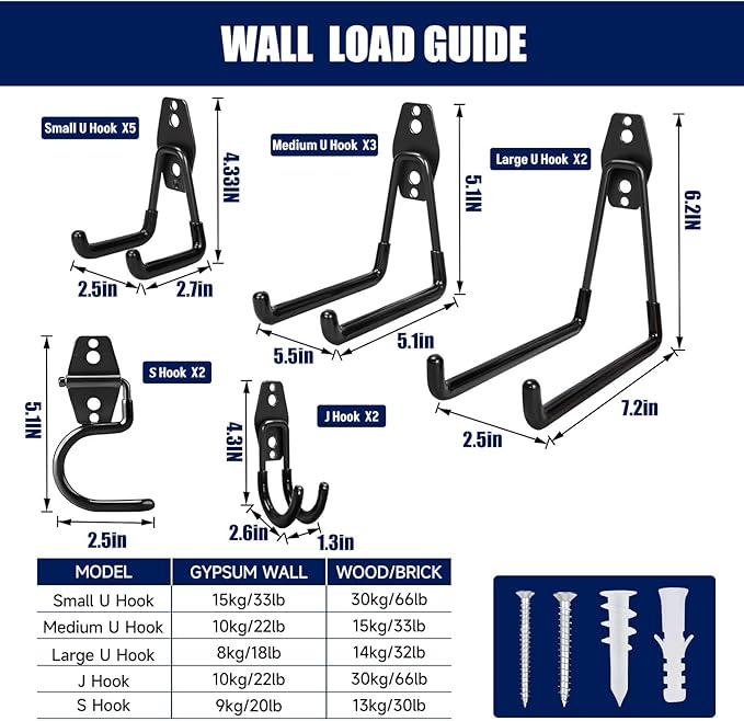 Garage Hooks Heavy Duty, 17 Pack Garage Storage Hooks with Coating Anti-Slip, Wall Mount Utility Large Garage Hooks for Hanging Garden Tools, Ladder,Broom,Hose