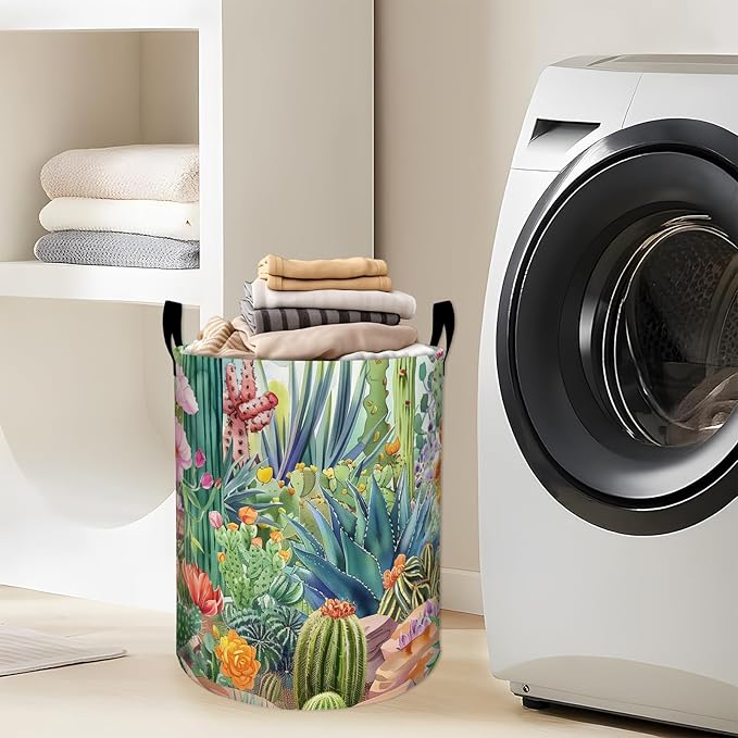 Vibrant Cactus with Blooming Flowers Laundry Basket with Handles, 19.7"x15.7" Clothes Foldable Laundry Hamper Organizer for Dorm Nursery Bedroom Bathroom Decor, Toy Storage Bin for Kids