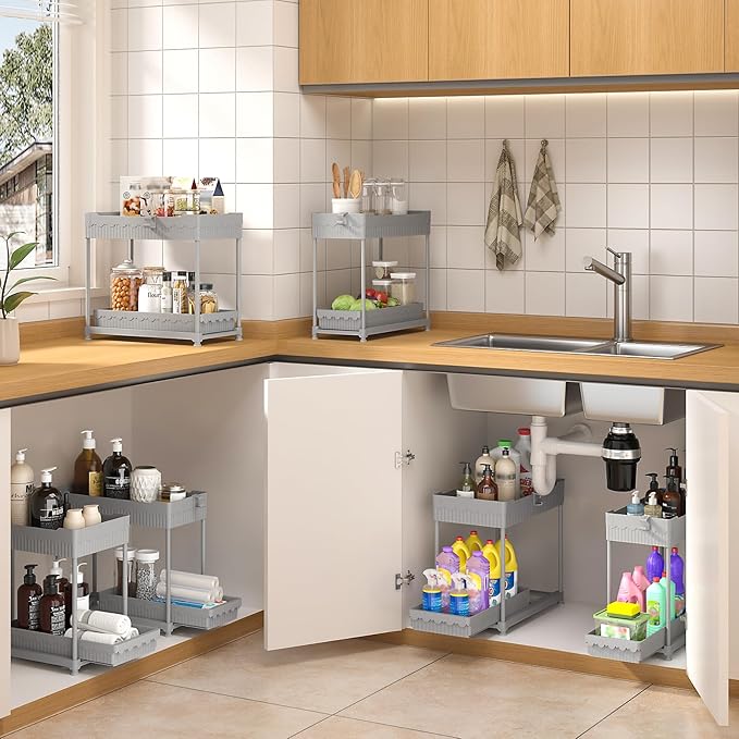 Sevenblue 3 Pack Under Sink Organizers, 2-Tier Multi-Use Kitchen and Bathroom Organizers and Storage with Sliding Drawers，Bathroom Cabinet Organizer (Gray, 14.8 Inch)