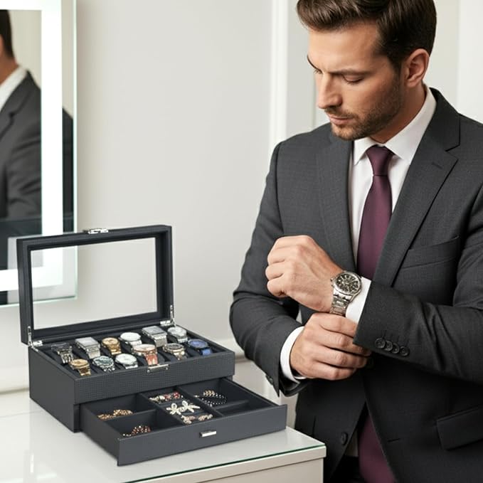 12-Slot Watch Box in PU Leather with Valet Drawer, 2-Tier Luxury Watch Case Display Organizer for Men Women, Sunglass Holder & Mens Jewelry Box With Glass Top, Ideal Gift for Watch Storage (Carbon)