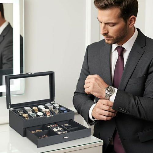 12-Slot Watch Box in PU Leather with Valet Drawer, 2-Tier Luxury Watch Case Display Organizer for Men Women, Sunglass Holder & Mens Jewelry Box With Glass Top, Ideal Gift for Watch Storage (Carbon)