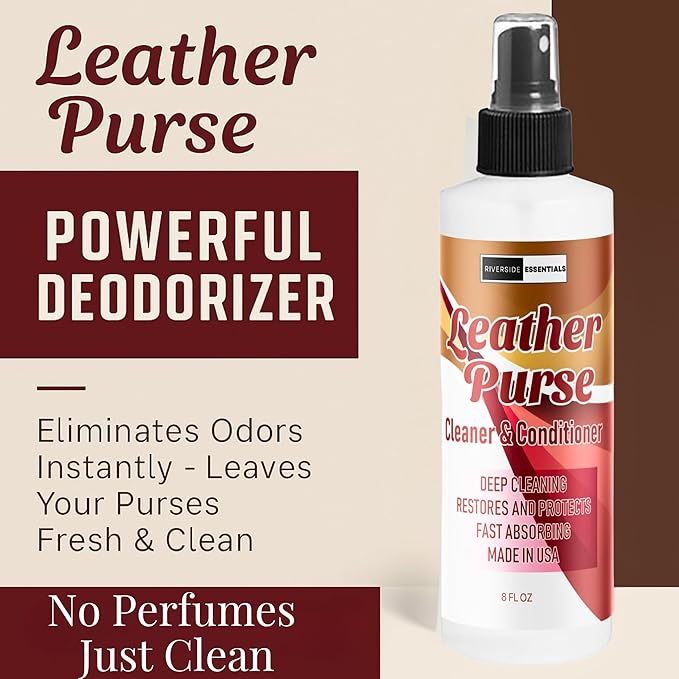 Riverside Essentials 8oz Leather Purse Cleaner & Conditioner – 3-in-1 Spray for Handbags, Designer Bags & Luxury Purses – Deodorizes, Cleans, Conditions & Restores Leather – Safe on Finishes