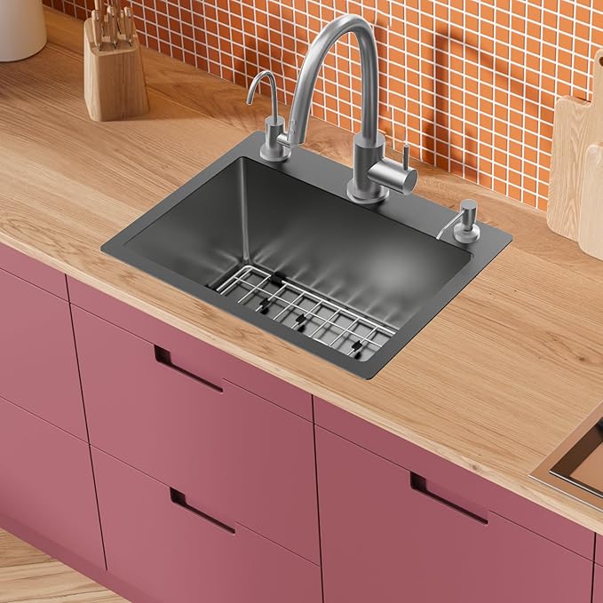 Black 19.7x15.7 Inch Kitchen And Bar Sink - Stainless Steel Drop In Small Single Bowl Kitchen Sink Come With Bottom Grid, Colander And Drain Assembly Set Ideal Choice For Small Spaces Kitchen&Bar