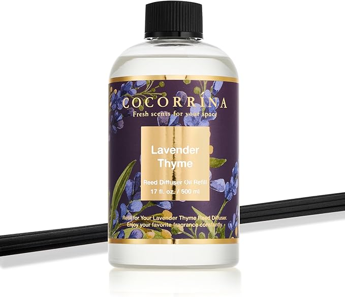 Cocorrína Reed Diffuser Refill Lavender Thyme 17oz (500ml) with 8 Rattan Sticks - Premium Long-Lasting Scented Oil, Home Fragrance for Bedroom, Bathroom Home Decor