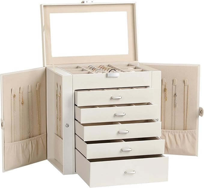 Frebeauty Large Jewelry Box,6-Tier PU Leather Jewelry Organizer,Multi-functional Storage Case with Mirror,Accessories Holder with 5 Drawers for Necklace Bracelets Watches(Pearl White)