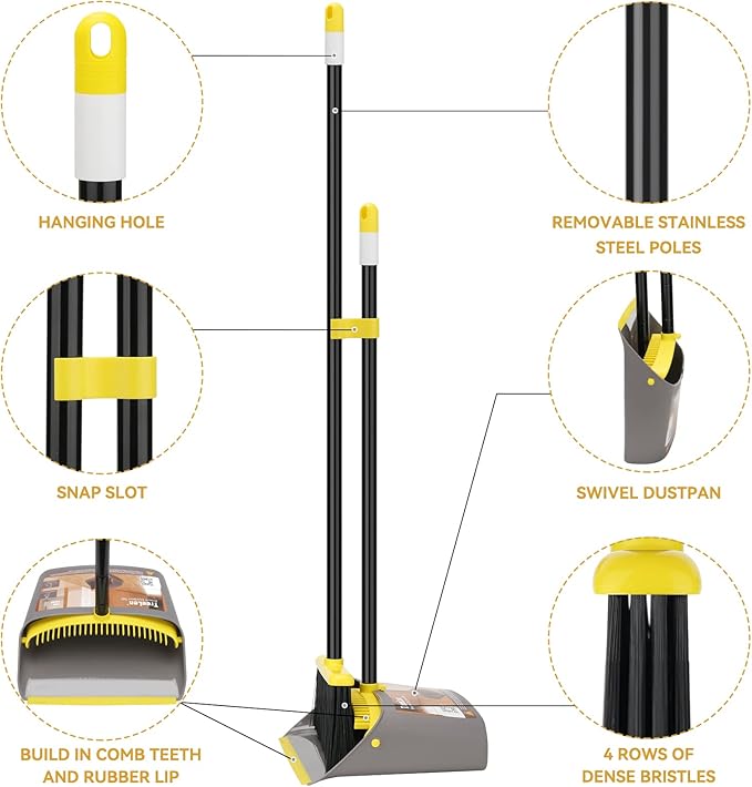 TreeLen Broom with Dustpan Combo Set,Stand up Dust Pans with Long Handle 40"/52" Broom and Dustpan Set for Home Kitchen Shop Indoor Commercial Heady Duty Upright Lobby Dustpan