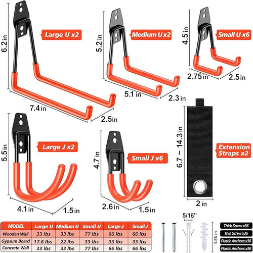 20 Pack Heavy Duty Garage Hooks,Solid Steel Wall Mount Hangers,with Anti-Slip Coating,for Hanging and Organising Ladder,Bike,Ropes,Broom,Garden,Yard and Power Tools