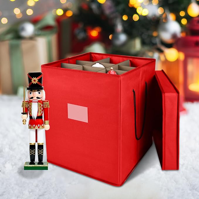 Christmas Nutcracker and Figurine Collectible Storage Box, Fits 9 Holiday Ornaments, Stores Up to 16" Tall Ornaments, Holiday Decor Organizer with Dividers, Nutcracker not Included(Red)