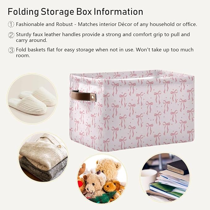 ALAZA Polka Dot Bow Ribbon Foldable Storage Box Storage Basket Organizer Bins with Handles for Shelf Closet Living Room Bedroom Home Office 1 Pack