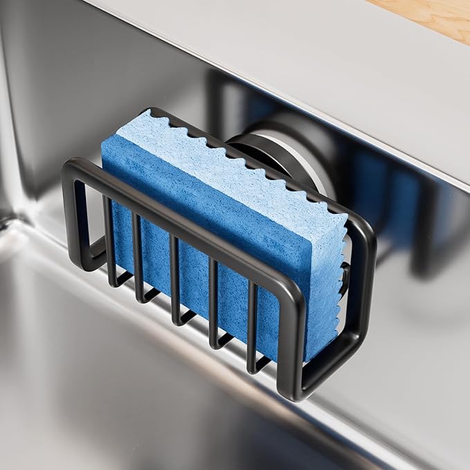 TAILI Sponge Holder for Kitchen Sink with Strong Suction Cup, Removable Sponge Holder, Rustproof Aluminum Sink Caddy for Sponges, Dish Brush - Black