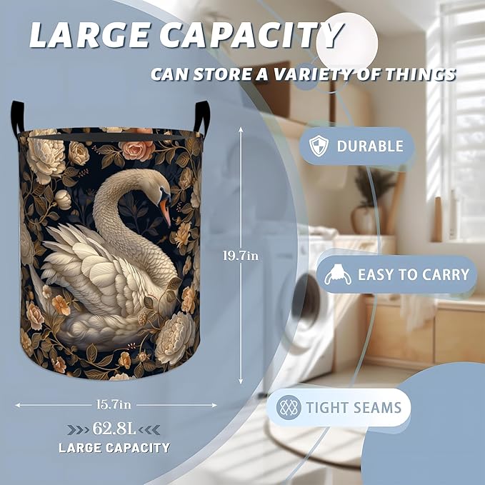 Elegant Swan with Blooming Roses Flowers Laundry Basket with Handles, 19.7"x15.7" Clothes Foldable Laundry Hamper Organizer for Dorm Nursery Bedroom Bathroom Decor, Toy Storage Bin for Kids