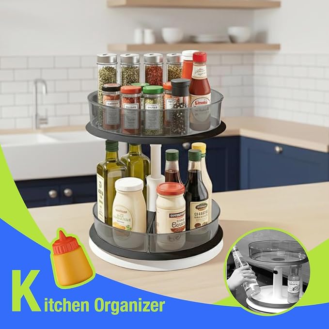 DIHUMK 2 Tier Lazy Susan Turntable Organizer for Medicine Cabinet Bottle Pantry Countertop with Clear Large Spice Rack 11 Inch Grey