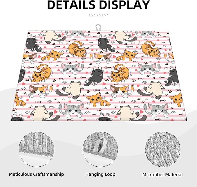 Cute Cat Dish Drying Mat for Kitchen Counter Cute Kitchen Dish Mat Microfiber Kitchen Countertop Absorbent Reversible Drainer Rack Pad