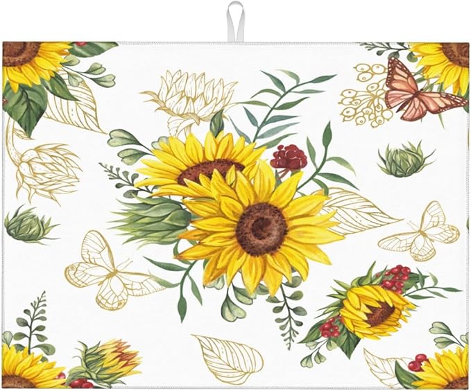 Sunflowers Dish Drying Mat Microfiber Kitchen Drying Mat Large Butterfly Dish Drying Mats for Kitchen Counter Absorbent Quick Drying Pad 18x24 Inch