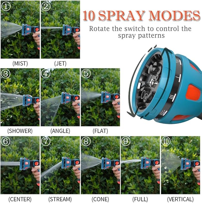 HmiL-U Garden Hose Spray Nozzle - 10 Adjustable Patterns Metal High Pressure Hose Nozzle with Thumb Control Design, Hose Sprayer for Garden & Lawns Watering, Cleaning, Pets & Car Washing