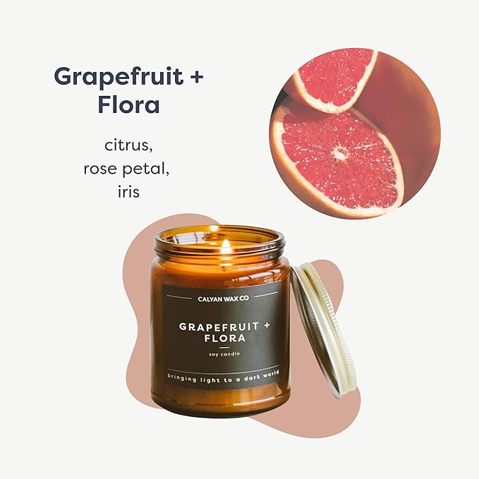 Calyan Wax Co. Grapefruit & Flora Scented Candle - 57 Hour Burn - Luxury Non Toxic Soy Wax Candles - Long Lasting Amber Glass Jar Candle for Home - 7.2oz