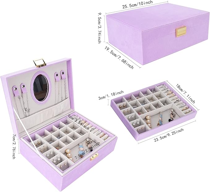Dajasan Girl's Jewelry Box, Jewelry Organizer Box with Mirror, Velvet Jewelry Box for Little Girls Kids, Jewelry Gift Box for Christmas, Birthday, New Year (Purple)