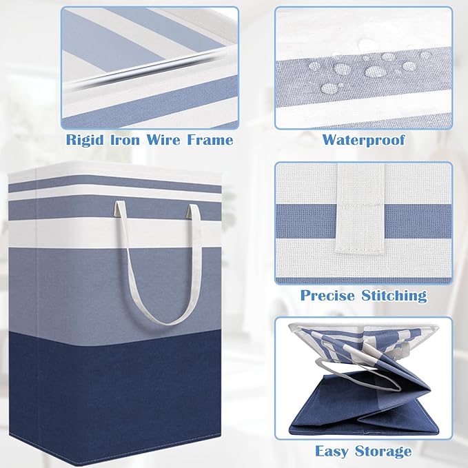 BlissTotes 3-Pack Laundry Basket, Freestanding＆Waterproof Laundry Hamper, Collapsible Tall Clothes Hamper with Easy Carry Handles for Clothes, Towels in the Family and Dorm,Gradient Blue,88L