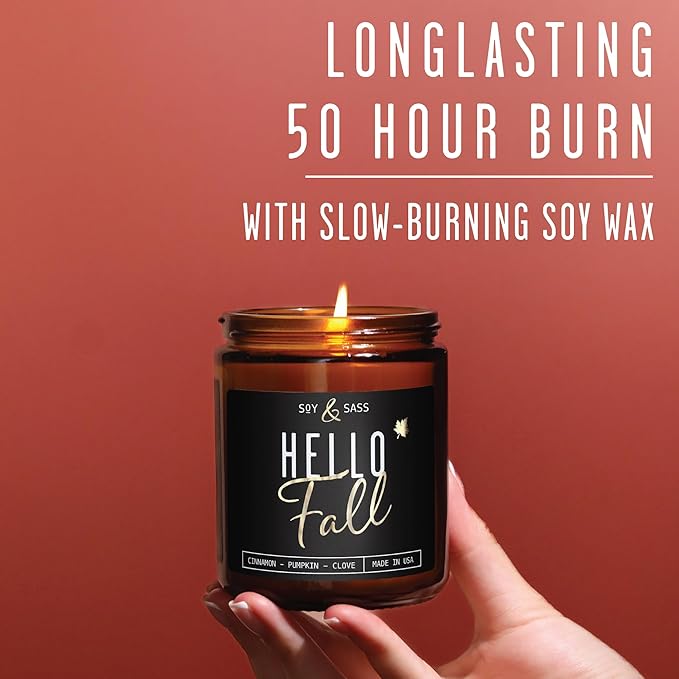 Fall Candles - 'Hello Fall Scented Candle' w/Cinnamon, Pumpkin & Fir I Infused with Essential Oils Autumn Scented Soy Candles for Home Décor, 9oz Reusable Jar, 50Hr Burn, Made in USA