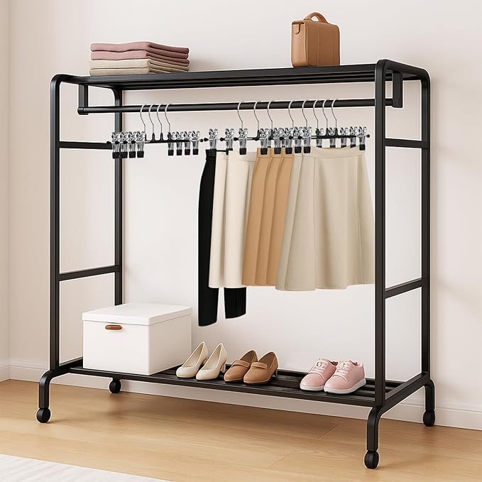 POZEAN Pants Hangers with Clips 30Pack, 12Inch Adjustable Skirt Hangers for Women, Space Saving Non-Slip Hangers for Shorts, Jeans, Coat, Kids' Clothes (Black, 30Pack)