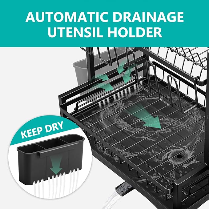 Stelive 2-Tier Dish Drying Rack for Kitchen Counter, Dish Drainer Dish/Cup/Cutlery Holder Dish Drainer Rack 2 Tier Dish Racks with Utensils Holder, Drainboard & 360° Telescopic Drain Pipe (Black)