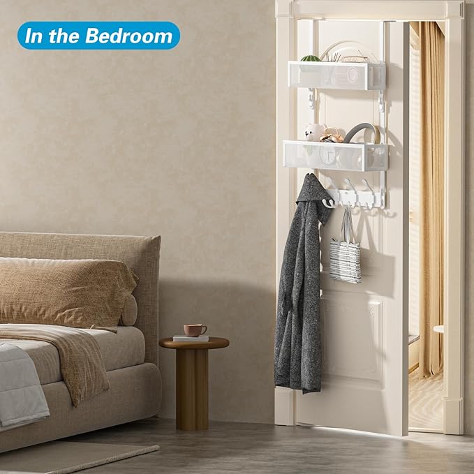 Aimeaihe Over The Door Hooks Organizer, Door Hanger Towel Rack with 2 Baskets, Adjustable Over The Door Coat Rack, Back of Door Storage for Bedroom, Kitchen, Bathroom (White)