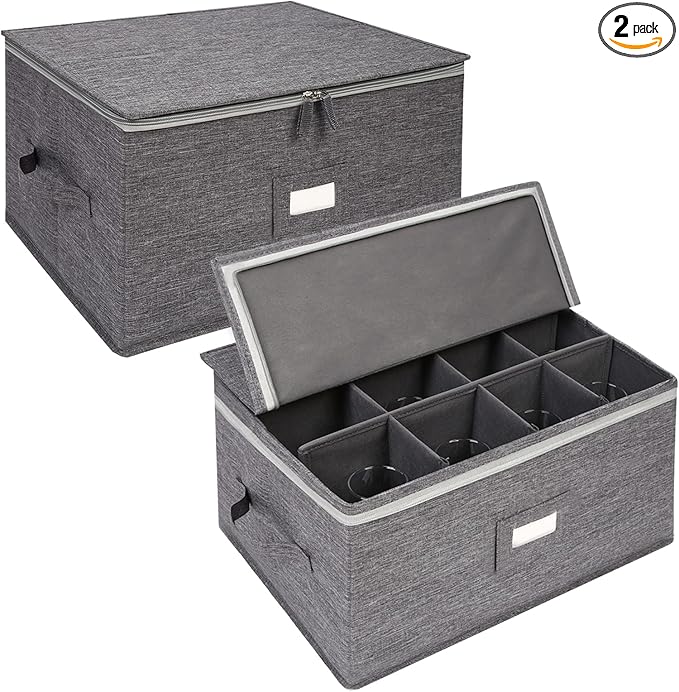 popoly Stemware Storage Containers (2 pack), Wine Glass Storage Box with Dividers for Glassware or Crystal, Holds 12 Red or White Wine Glasses, Hard Top and Stackable (Grey)