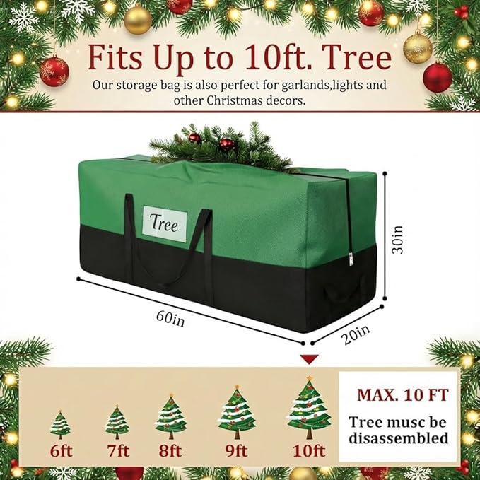 Christmas Tree Storage Bag, Fits Up 10-12 Ft Tall Artificial Trees-Heavy Duty Holiday Storage Box with Durable Reinforced Handles & Transparent Pocket- 600D Oxford Tree Storage Container, Green