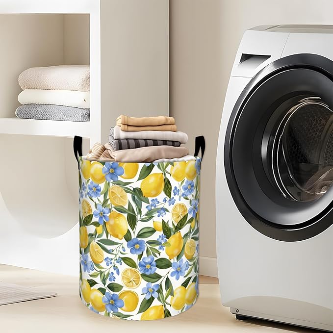 Fresh Lemons and Blue Flowers Laundry Basket with Handles, 19.7"x15.7" Clothes Foldable Laundry Hamper Organizer for Dorm Nursery Bedroom Bathroom Decor, Toy Storage Bin for Kids