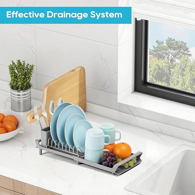 Small Expandable Dish Drying Rack – Compact & Space-Saving – No Spout, No Leaks – Durable, Rust Resistant & Easy to Clean – Ideal for Kitchens, Apartments & RVs – Extend 10.9 to 18.6 inches (Gray)