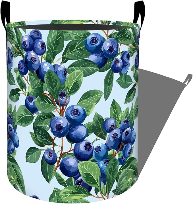Fresh Blueberry and Green Leaves Laundry Basket with Handles, 19.7"x15.7" Clothes Foldable Laundry Hamper Organizer for Dorm Nursery Bedroom Bathroom Decor, Toy Storage Bin for Kids