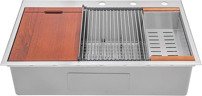 36” x 22” Workstation Topmount/Drop-in Stainless Steel Sink, 16-Gauge Bowl, 15mm Radius Corners, Accessories Includes Bottom Protective Grid, Dish Rack, Colander, Strainer & Cutting Board