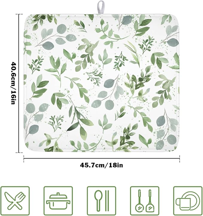 ABSOP Spring Summer Sage Green Leaves Dish Drying Mat 16 x 18 Inch Spring Eucalyptus Leaf Dish Drainer Rack Mat Absorbent Microfiber for Holiday Kitchen Coffee Dining Bar Decor
