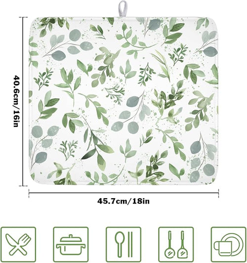 ABSOP Spring Summer Sage Green Leaves Dish Drying Mat 16 x 18 Inch Spring Eucalyptus Leaf Dish Drainer Rack Mat Absorbent Microfiber for Holiday Kitchen Coffee Dining Bar Decor