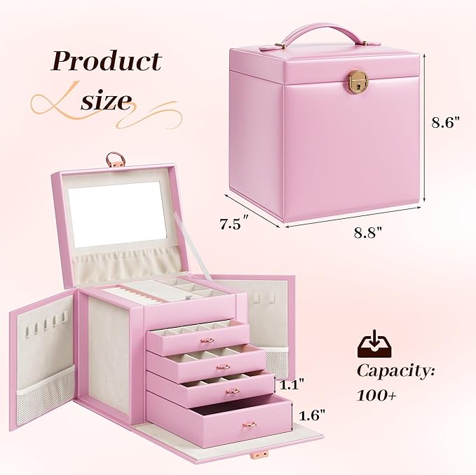 EnHomee Jewelry Box for Women, 5-Layer Large Jewelry Organizer with Mirror & 4 Drawers for Rings, Earrings, Necklaces, Bracelet Lockable Case with Lock (Pink + Gold)