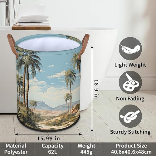 62L Coconut Tree Laundry Basket for Clothes Books Toys Adult Kids Rotundity Laundry Hampers Bin for Bathroom Kitchen Hotel