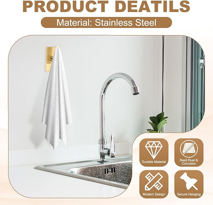 4 Pack Towel Hooks for Bathroom, Wall Hooks Self-Adhesive No-Drill Door Hanger Apply to Shower/Kitchen/Bedroom/Hanging Coat/Towel/Robe (Gold)