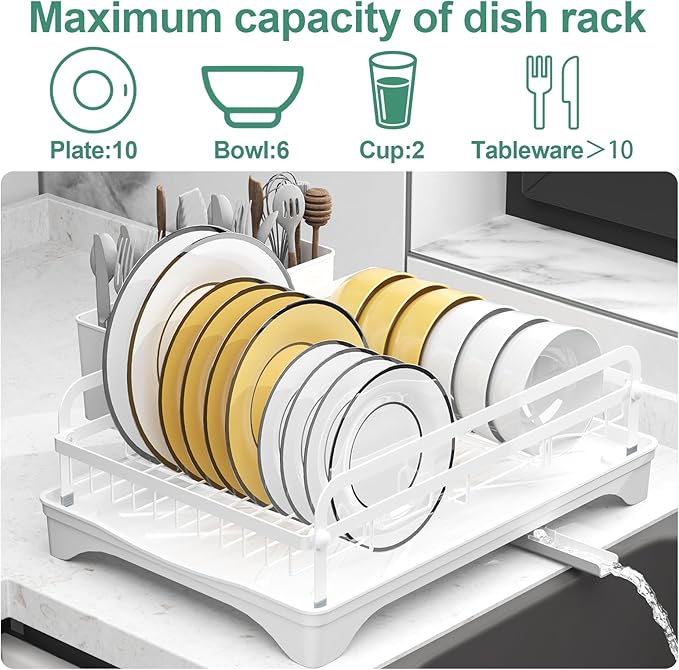 HOMEAILIE Dish Drying Rack,Dish Racks for Kitchen Counter, Metal Dish Drainer with Adjustable Drainage Spout, Removable Knife and Fork Holder (White)